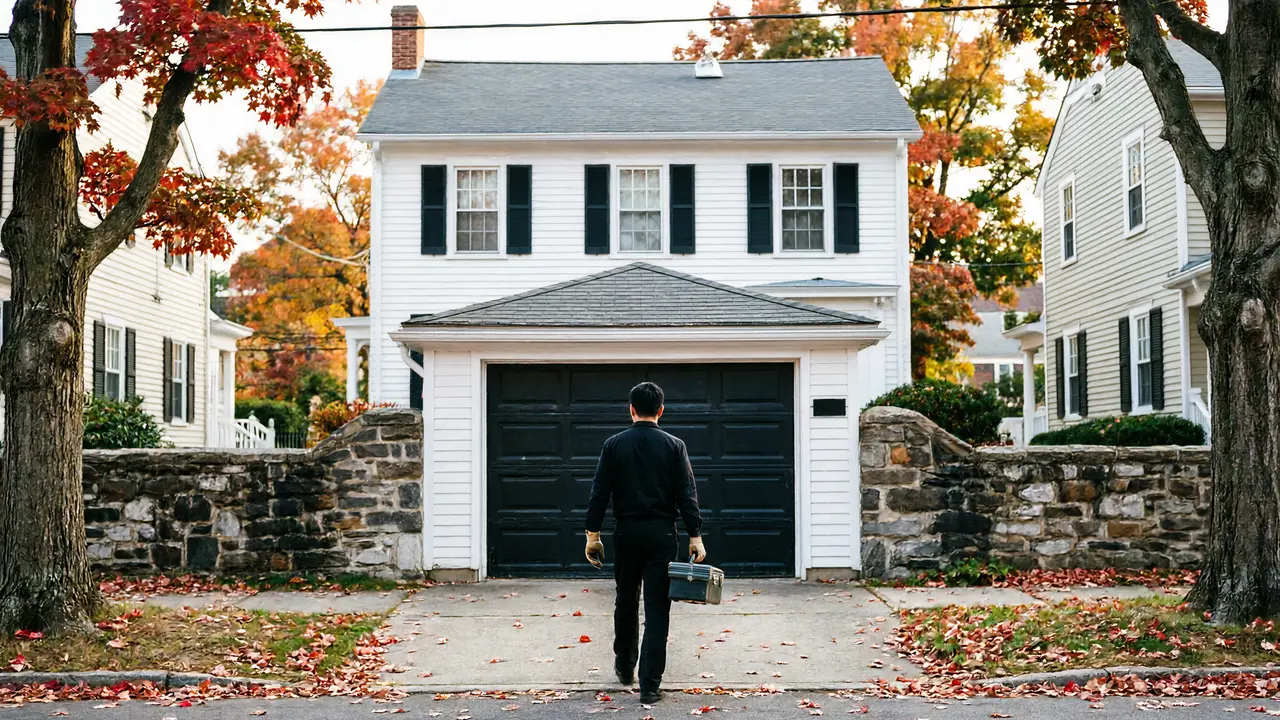 A technician walks toward a white house with a black garage door.