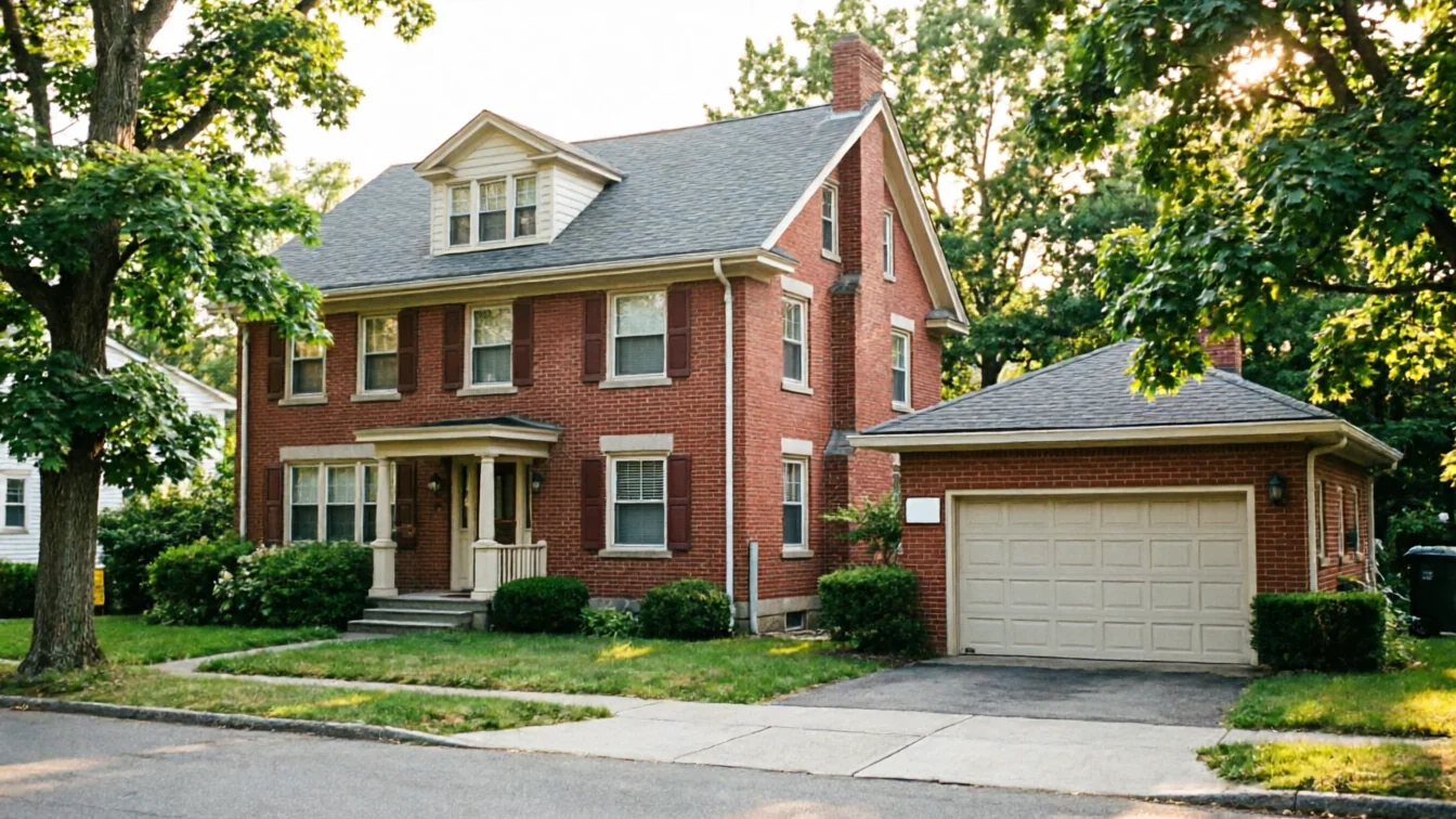 The house has a beige garage door, red brick, and a gray roof.